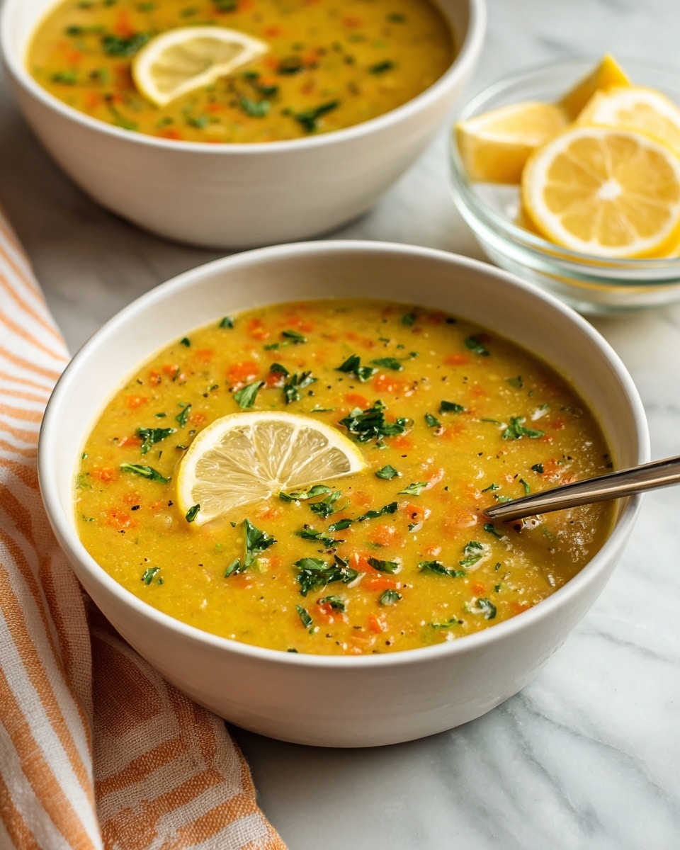 A white bowl filled with a thick, yellowish soup containing small bits of orange carrot and green herbs, topped with a thin lemon slice and sprinkled with chopped green parsley. A silver spoon is placed inside the soup toward the right side of the bowl. In the background, another white bowl holds the same soup, garnished similarly, and to the right is a small clear bowl filled with lemon slices. The setup is on a white marbled surface with a light orange and white striped cloth partially visible at the bottom left. Photo taken with an iphone --ar 4:5 --v 7