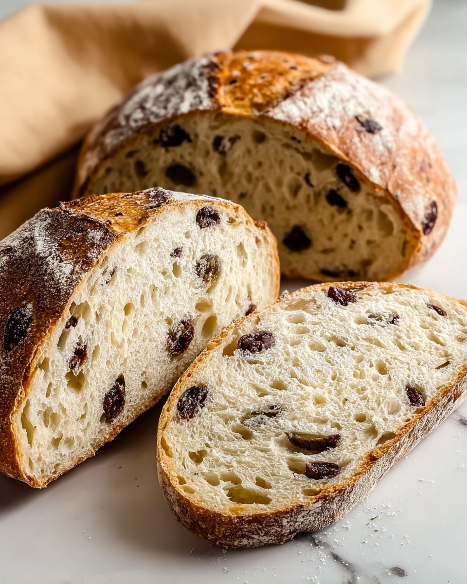 A loaf of rustic bread with a golden brown crust dusted lightly with flour sits on a white marbled surface, partially sliced to show two thick slices in the foreground. Each slice reveals a soft, airy interior speckled with dark raisins scattered throughout, creating a contrast against the pale beige crumb. The crust has a rough, crunchy texture with a slightly cracked top, and the bread’s round shape is clearly visible. A beige cloth and some green rosemary sprigs are slightly blurred in the background, adding a homey touch. photo taken with an iphone --ar 4:5 --v 7