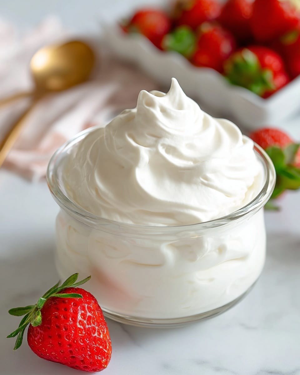 A clear glass jar filled with smooth, thick white whipped cream that is swirled softly on top, creating gentle peaks and curves. The jar sits on a white marbled texture surface with a single bright red strawberry with green leaves placed next to it on the right side. In the background on the left, there is a white rectangular dish filled with fresh red strawberries with green tops. A gold spoon lies flat near the bottom left corner of the image, complementing the soft colors. photo taken with an iphone --ar 4:5 --v 7