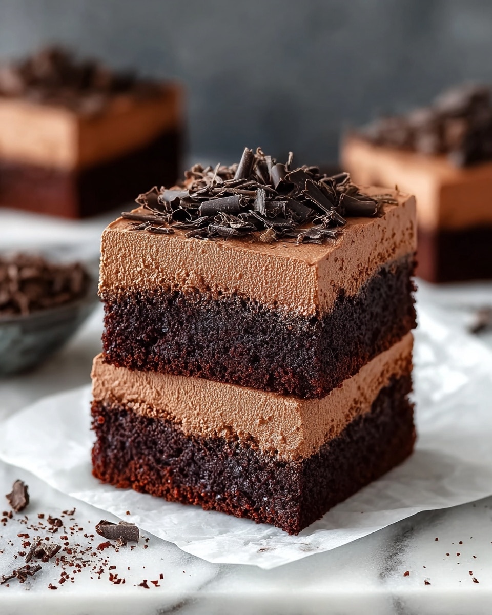 Two square chocolate brownies are stacked on top of each other on a piece of white parchment paper placed on a white marbled surface. Each brownie has two layers: a dense, dark brown bottom layer with a rough texture, and a smooth, lighter brown thick frosting layer on top. The top brownie is decorated with small, irregular dark chocolate shavings scattered across the frosting, with some loose shavings surrounding the brownies on the parchment. In the background, two more brownies are slightly out of focus. Photo taken with an iphone --ar 4:5 --v 7