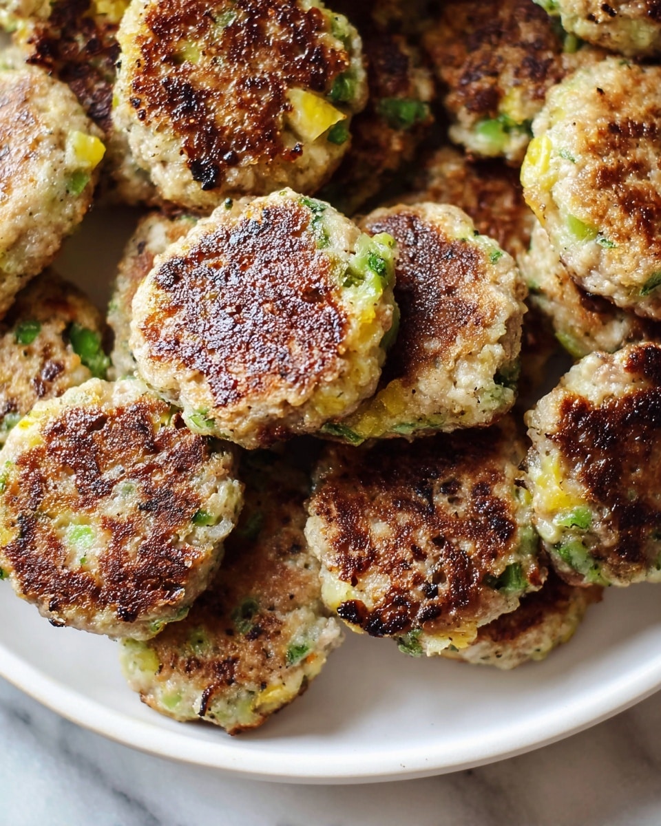A white plate filled with small, round patties that look pan-fried, showing a crispy brown outer layer. Each patty has visible pieces of green and light yellow ingredients embedded in the surface, with a slightly rough, uneven texture. The patties are stacked close together, with some edges showing golden-brown crispiness and small cracks, hinting at a tender inside. The plate sits on a white marbled texture. photo taken with an iphone --ar 4:5 --v 7