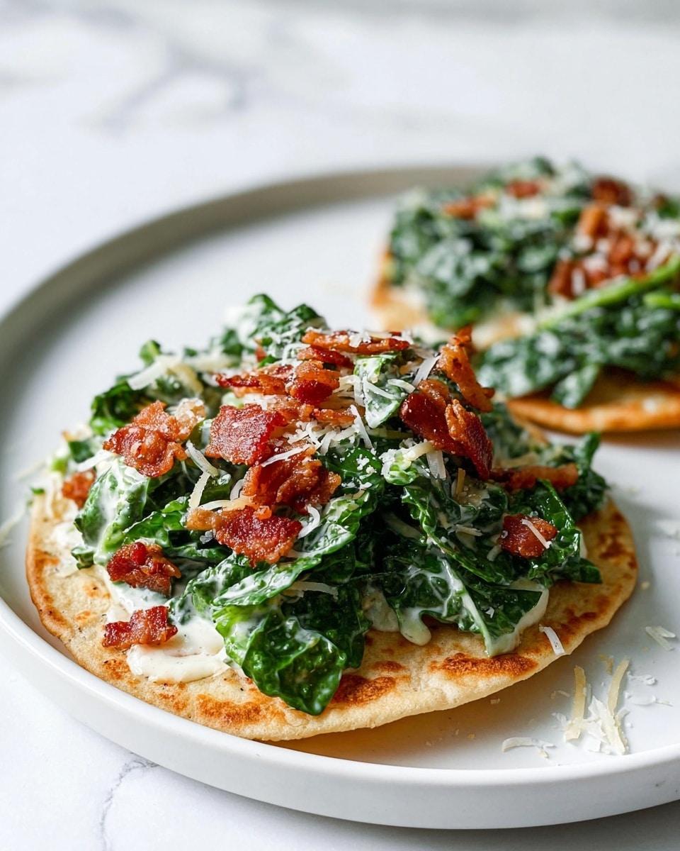 The image shows two pieces of golden-brown, crispy flatbread as the base layer on a white plate. On top of each flatbread is a fresh, creamy green salad made of leafy greens coated lightly in a dressing. The salad is sprinkled with finely grated white cheese and small bits of reddish-brown crispy bacon, adding texture and color contrast. The plate sits on a white marbled surface with a blurred white tiled background. photo taken with an iphone --ar 4:5 --v 7
