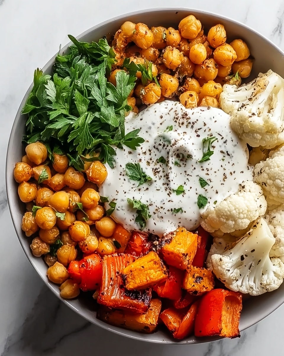 A close-up image of a white bowl filled with five main layers of food arranged side by side. Starting from the left, there is a thick bunch of fresh green parsley leaves. Next to it is a creamy white sauce layer topped with small green herbs and black pepper specks. In the center, there are white cauliflower pieces with slight brown roasting spots. To the right of the cauliflower, there is a layer of small white grains resembling couscous or fine rice. The last section on the far right has bright orange roasted carrot cubes mixed with some grilled red bell pepper pieces, showing some dark char marks. The bowl sits on a white marbled surface. photo taken with an iphone --ar 4:5 --v 7