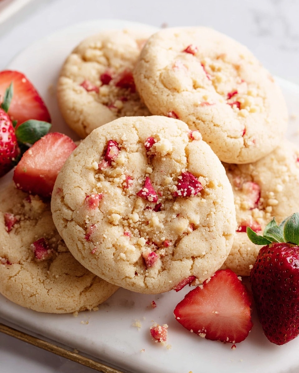 A close-up image of several light golden brown cookies stacked on a white plate, each cookie showing a soft, crumbly texture with small red fruit pieces embedded on top, giving a pop of color. On the plate near the cookies, there are fresh strawberry halves with bright red flesh and green leaves, adding freshness to the scene. The plate rests on a white marbled surface with scattered crumbs around, emphasizing the crumbly nature of the cookies. photo taken with an iphone --ar 4:5 --v 7