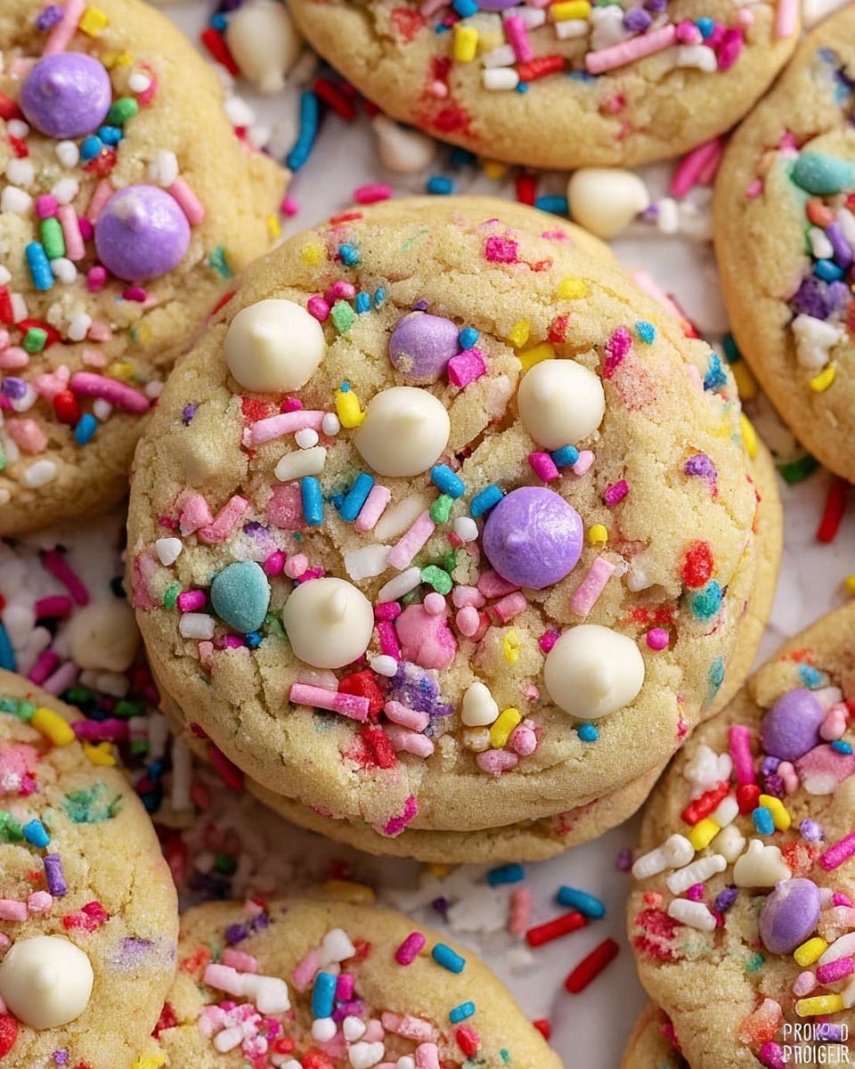 A close-up of a soft cookie with a light beige color, richly covered with colorful sprinkles in purple, pink, yellow, white, blue, and orange. Small candy-coated chocolate pieces in pastel shades of pink, green, and blue are embedded on the surface, along with white chocolate chips. The cookie has a slightly cracked texture, showing softness inside, and is part of a group of similar cookies stacked closely together on a white marbled surface. Photo taken with an iphone --ar 4:5 --v 7