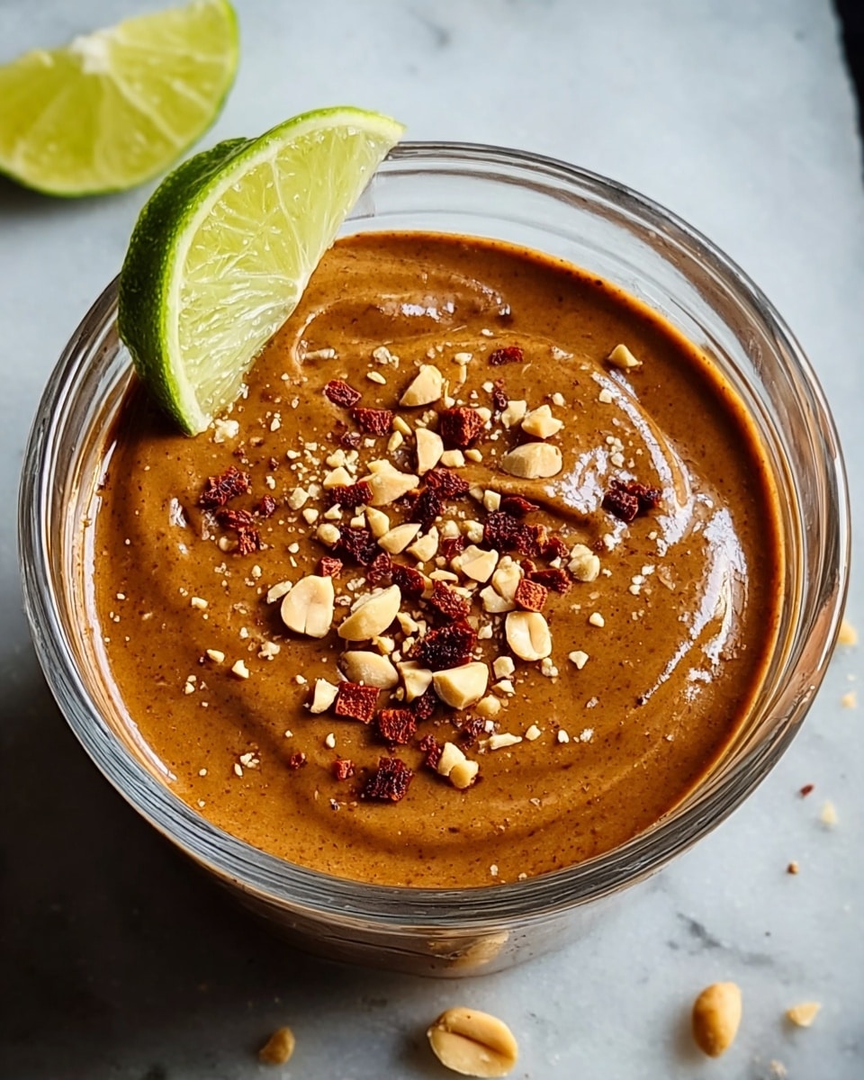 A clear glass bowl filled with a thick light brown paste, smooth in texture, topped on one side with a small pile of crushed reddish-brown bits and scattered whole light tan peanuts, next to a slice of bright green lime resting on the paste. The bowl sits on a white marbled surface with a few scattered peanuts nearby. photo taken with an iphone --ar 4:5 --v 7