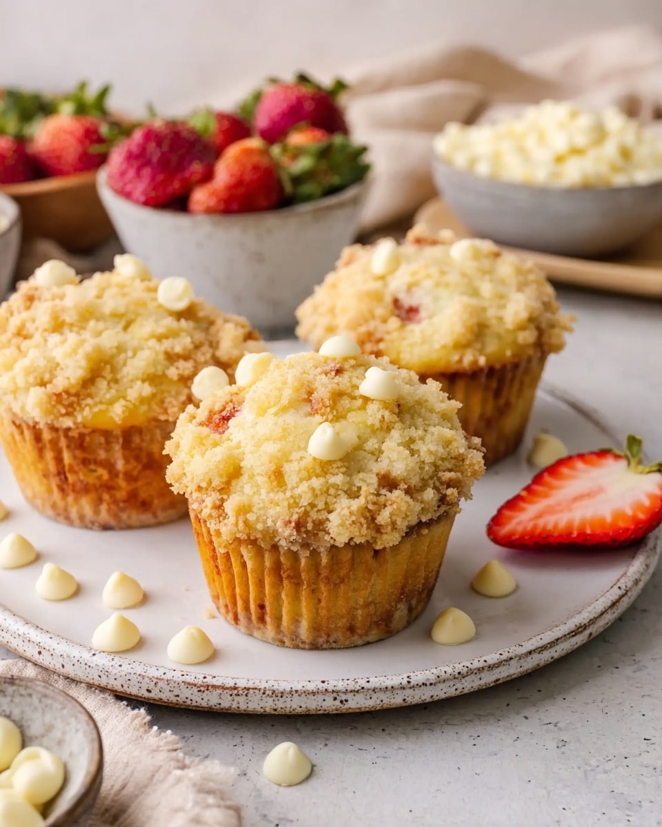Three golden-brown muffins with crumbly, light yellow streusel topping sit closely on a round white plate with small dark specks. The muffins have textured, lightly ridged sides and some red pieces visible inside. Next to the muffins, there are fresh red strawberries, some whole and one cut in half showing its bright red inside and green leaves. Around the plate, pale yellow white chocolate chips are scattered for decoration. The background shows a white marbled surface under the plate and some small white bowls filled with white chocolate chips and a glass of milk slightly blurred in the back. Photo taken with an iphone --ar 4:5 --v 7