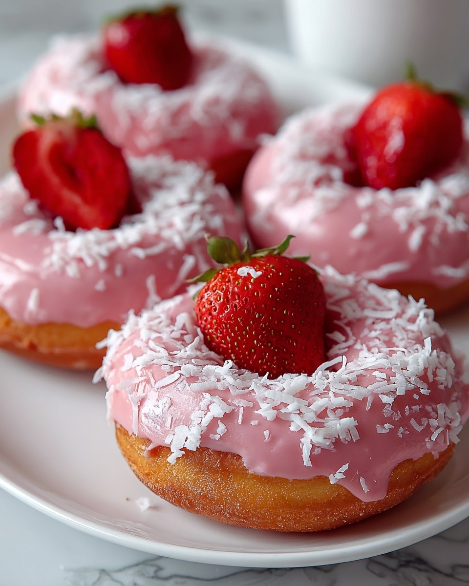 The image shows four round donuts on a white plate, each donut has one thick layer of smooth, pink frosting covering the top. On top of the frosting, there are white shredded coconut flakes sprinkled evenly, adding texture. Each donut is decorated with a slice of bright red strawberry placed at the top center, with the juicy seeds and fresh shine visible. The base of the donuts is golden brown, crisp, and slightly shiny. The scene is set on a white marbled texture that softly reflects light, creating a clean and fresh look. photo taken with an iphone --ar 4:5 --v 7