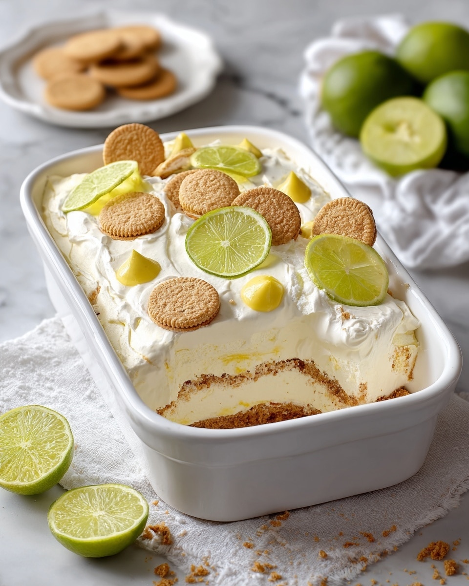 A white oval dish holds a creamy dessert with two visible layers of light beige biscuit separated by thick layers of smooth white cream. The top surface is topped with more white cream, decorated with round, thin slices of lime and whole beige biscuits placed on top. There is also some yellow sauce or jelly drizzled lightly over the cream and lime slices. In the background, there are whole and halved limes placed on a white marbled surface, and a white plate with a few biscuits. The scene is softly lit, and the focus is on the dessert. photo taken with an iphone --ar 4:5 --v 7