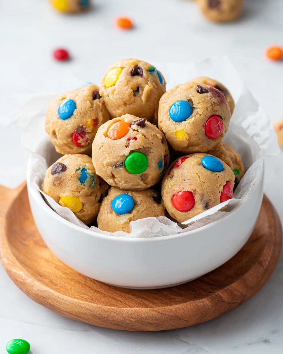 A white bowl filled with round, golden-brown energy bites that have a slightly rough texture, each studded with colorful candy-coated chocolate pieces in red, yellow, green, blue, and orange; the bowl is lined with crumpled white parchment paper and sits on a round wooden board, with scattered colorful candies on a white marbled surface in the background. photo taken with an iphone --ar 4:5 --v 7