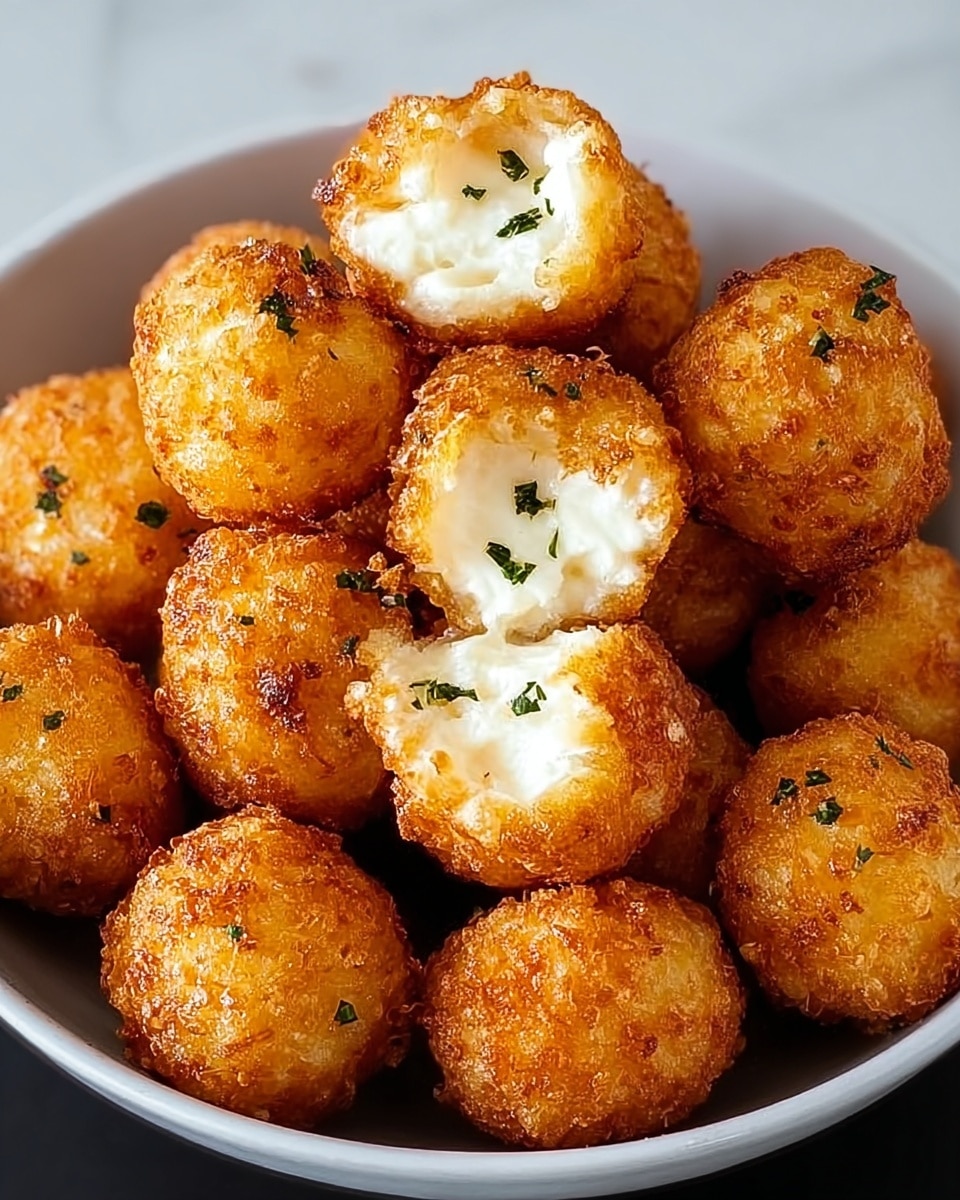 A white bowl filled with about fifteen golden brown fried balls with a crispy texture. One ball is broken open near the center showing soft white cheese inside. Small pieces of green herbs are sprinkled over the balls, adding color contrast. The background is a white marbled texture. photo taken with an iphone --ar 4:5 --v 7
