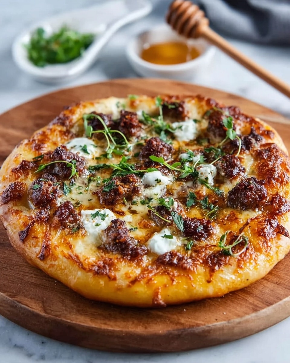 A golden-brown pizza with a slightly thick crust sits on a wooden board, topped with uneven dollops of white and creamy cheese, scattered chunks of browned sausage, and sprinkled green herbs adding freshness. The cheese has melted unevenly, showing some bubbly and crispy browned spots, with glossy melted cheese pooling slightly around the edges. The sausage pieces are rich and darkened, contrasting against the creamy cheese and bright green herbs on top. The whole dish rests on a white marbled surface with a honey dipper and chopsticks blurred softly in the background, creating a warm and inviting scene. Photo taken with an iphone --ar 4:5 --v 7