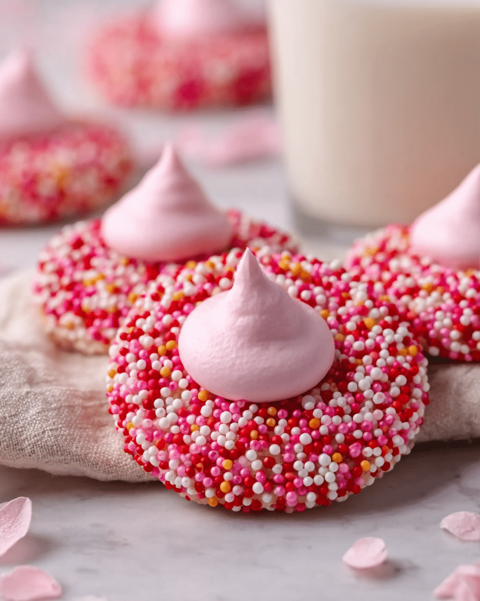 The image shows three round cookies, each with a base covered in small red, white, and pink round sprinkles, giving a bumpy texture. On top of each cookie is a smooth, light pink dollop of cream or frosting shaped like a small peak. The cookies are placed on a surface with a white marbled texture. A white cloth is partially seen in the bottom right corner of the image. In the background, there is a blurred glass of white milk. Photo taken with an iphone --ar 4:5 --v 7