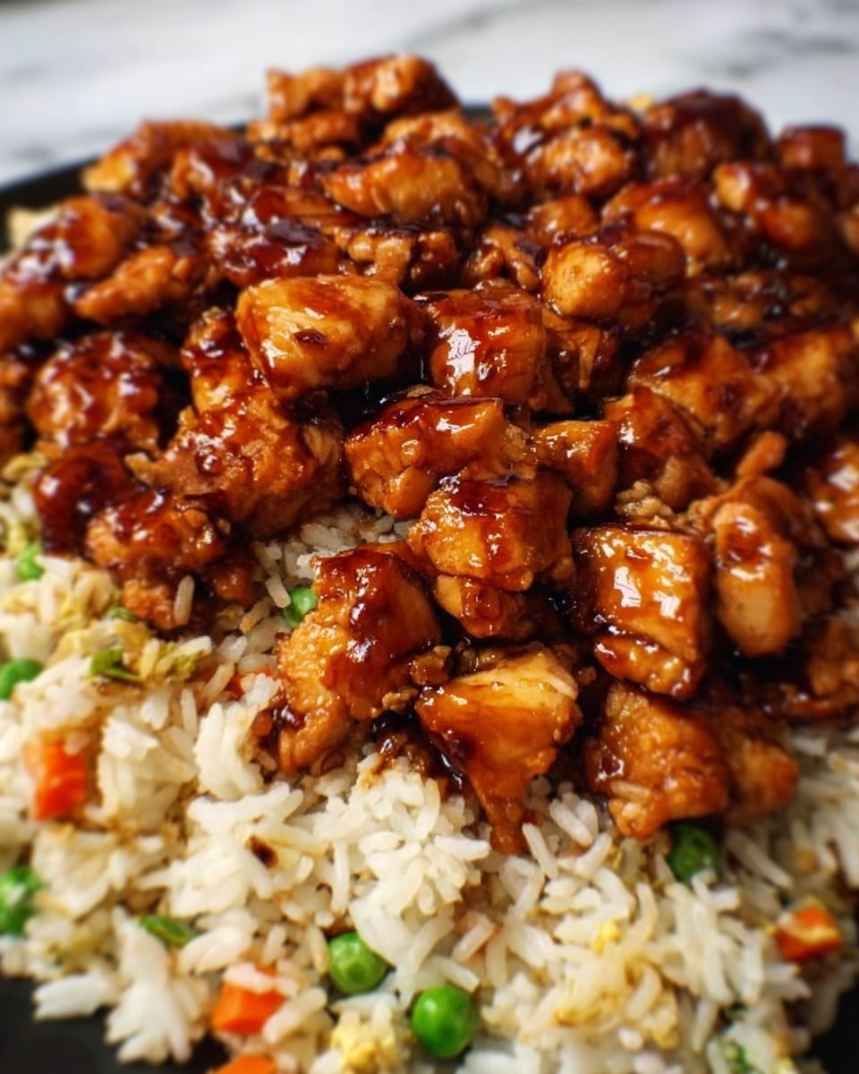 Close-up image of a dish with two layers on a white plate: the bottom layer is fried rice mixed with small pieces of carrot, green beans, and corn, showing a fluffy texture with white and light brown grains, while the top layer is made of bite-sized glazed chicken pieces coated in a shiny, dark brown sauce, arranged evenly over the rice. The background shows a white marbled surface. photo taken with an iphone --ar 4:5 --v 7