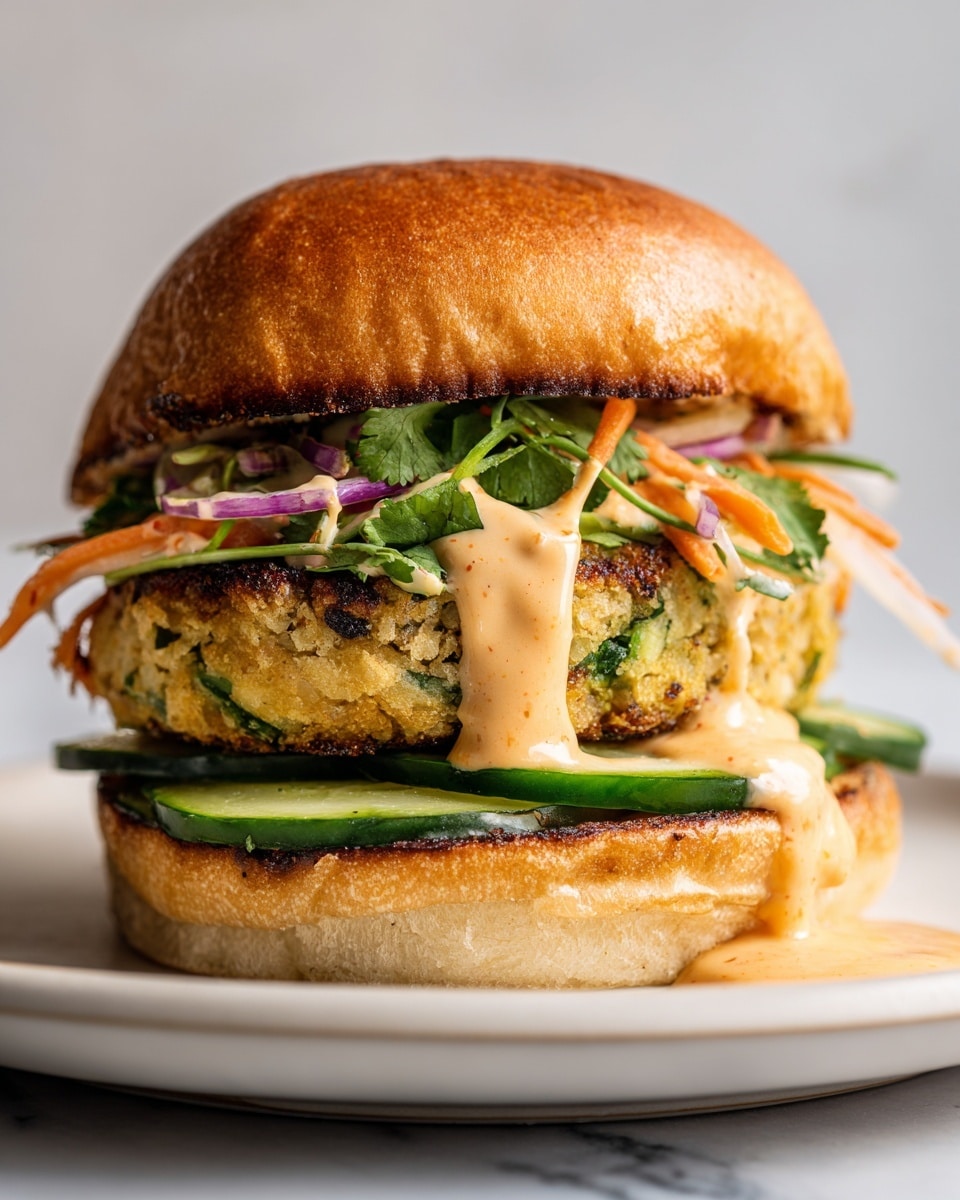 A close-up of a sandwich with four main layers. The bottom layer is a toasted bun half with light brown and slightly crispy texture, topped with an even spread of orange sauce and several fresh green cucumber slices laid flat. The second layer is a thick, golden-brown patty, showing some green herbs inside and a crispy texture on the outside. On top of the patty is a generous drizzle of a creamy orange sauce. The fourth layer is a colorful mix of shredded carrots, cabbage, thin red onion slices, and bright green cilantro leaves, adding fresh texture and color. The top of the sandwich is covered with the other half of the toasted bun, golden brown with a shiny crust. The sandwich sits on a white plate over a white marbled surface, with a silver fork visible beside it. Photo taken with an iphone --ar 4:5 --v 7