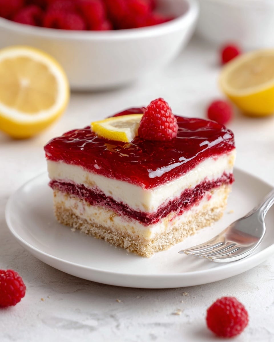 A square slice of layered dessert sits on a white plate with gently curved edges, placed on a white marbled surface. The dessert has five layers: starting from the bottom, a light brown sponge layer, followed by a thick creamy white layer, next a vibrant red raspberry jam layer, another light brown sponge layer, a smooth creamy white layer, and topped with a shiny, deep red raspberry glaze. On top, there is a fresh red raspberry and a thin round slice of lemon with a yellow rind placed delicately at one corner. Two silver forks lie blurred in the background, along with a bowl of red raspberries and scattered raspberries and a lemon wedge nearby, giving a fresh and inviting look. Photo taken with an iphone --ar 4:5 --v 7
