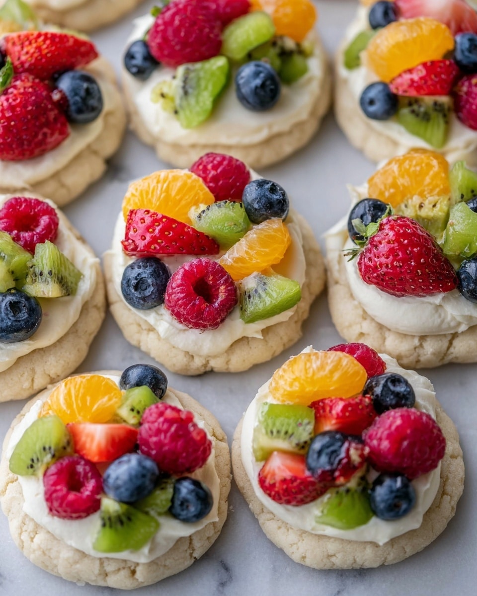 The image shows six round fruit tartlets on a white marbled surface, each with three layers. The bottom layer is a cracked, light golden cookie with a crumbly texture. On top of the cookie is a smooth, creamy white frosting layer that looks soft and thick. The top layer is a colorful mix of fresh fruits arranged closely together, including red raspberries, red strawberry slices with green tops, small blue blueberries, bright green kiwi cubes with black seeds, and shiny orange mandarin segments. The fruits add a bright, fresh look with varied textures from smooth to bumpy. The photo taken with an iphone --ar 4:5 --v 7