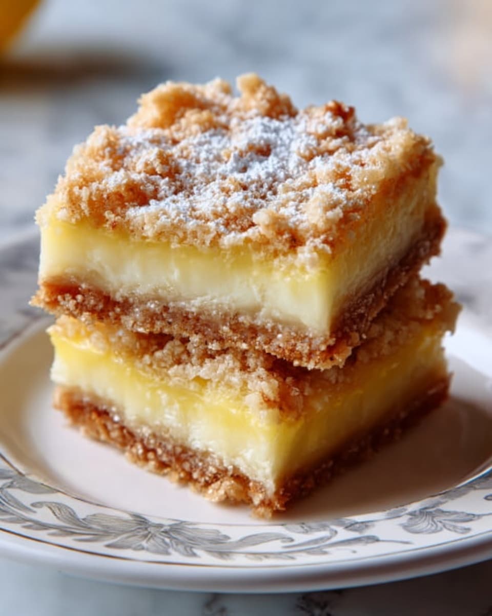 Two square pieces of dessert stacked on a white plate with a delicate gold rim. Each piece has three visible layers: a crumbly brown crust at the bottom, a thick, creamy pale yellow middle layer, and a crumbly golden brown topping sprinkled with white powdered sugar. The dessert looks moist and rich with slightly uneven edges. The plate sits on a white marbled surface. Photo taken with an iphone --ar 4:5 --v 7