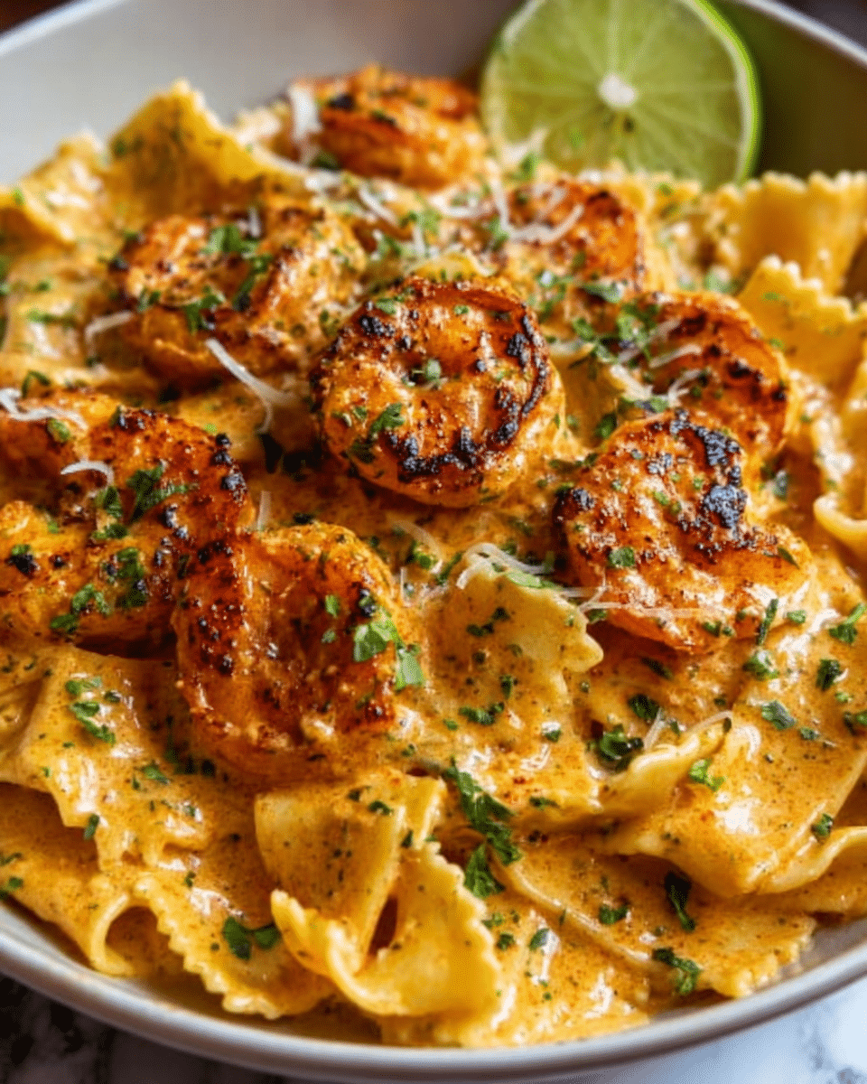 A close-up of a white plate filled with creamy pasta covered in grilled shrimp. The pasta has a smooth, light orange sauce that looks rich and thick, with bits of green herbs sprinkled all over. The shrimp are golden brown and placed on top, showing grill marks and a slightly crispy texture. In the background, there is a slice of lime adding a fresh touch to the dish. The whole scene is set on a white marbled surface. Photo taken with an iphone --ar 4:5 --v 7