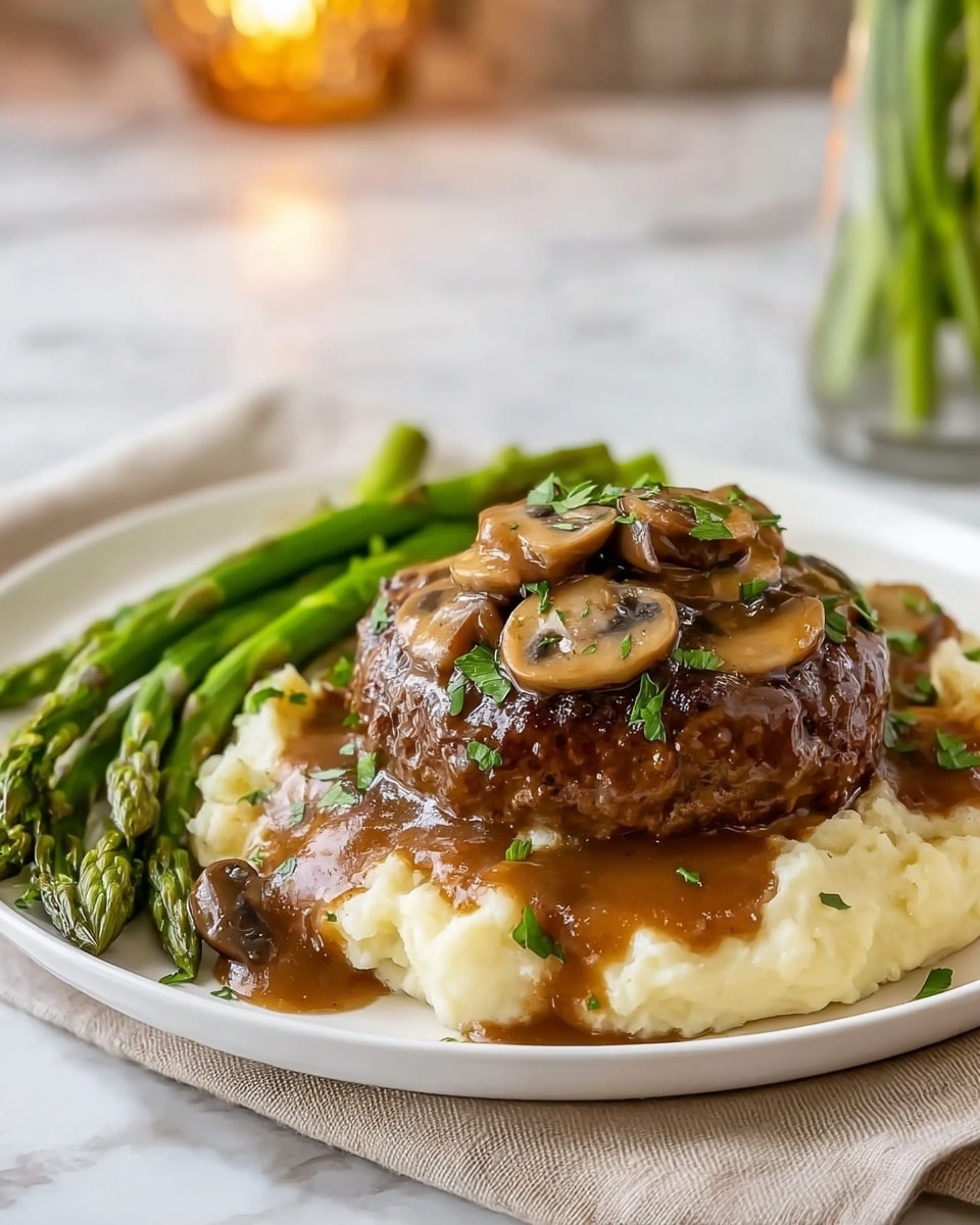 The dish shows a thick, dark brown meat patty topped with glossy mushroom gravy that contains sliced mushrooms and sprinkled chopped green herbs. It sits on a large white plate next to a fluffy mound of creamy mashed potatoes also covered with gravy. On top of the mashed potatoes lie several spears of bright green grilled asparagus. The plate rests on a light-colored cloth, and the background has a soft focus with a white marbled texture surface, a blurred candle, and some flowers. Photo taken with an iphone --ar 4:5 --v 7