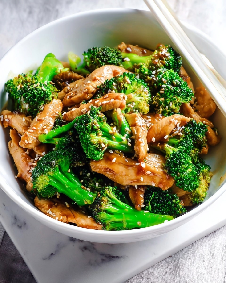 A white bowl filled with a colorful stir-fry dish showing two main layers: the first layer consists of bright green broccoli florets with a crisp texture, and the second layer is tender, thin slices of cooked chicken coated in a glossy reddish-brown sauce. The chicken pieces are scattered evenly on top of the broccoli, sprinkled with small white sesame seeds. Resting on the bowl's edge are a pair of white chopsticks, and the bowl sits on a white marbled surface with a soft fabric partially visible in the background. photo taken with an iphone --ar 4:5 --v 7