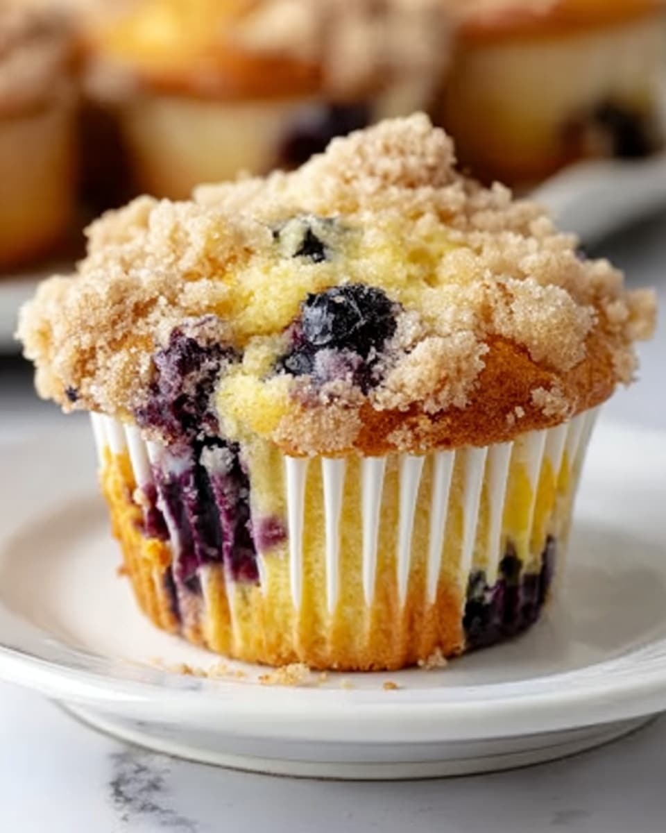 A single blueberry muffin with a crumbly golden brown top and visible bursts of dark purple blueberries inside, sitting on a plain white plate. The muffin liner is white with ridges, showing a moist, light yellow crumb with dark spots where the blueberries are. The background is a soft white marbled texture with blurred muffins in the distance. Photo taken with an iphone --ar 4:5 --v 7