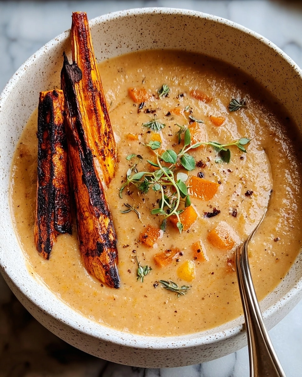 A creamy orange soup with small bits of darker and lighter orange vegetables spread evenly throughout fills a white speckled bowl. On top, there are three grilled orange sweet potato sticks with char marks, leaning slightly to the side. A small green sprig of thyme rests beside the potato sticks in the soup, adding a touch of freshness. The bowl sits on a white marbled surface with soft lighting highlighting the smooth, slightly thick texture of the soup. Photo taken with an iphone --ar 4:5 --v 7