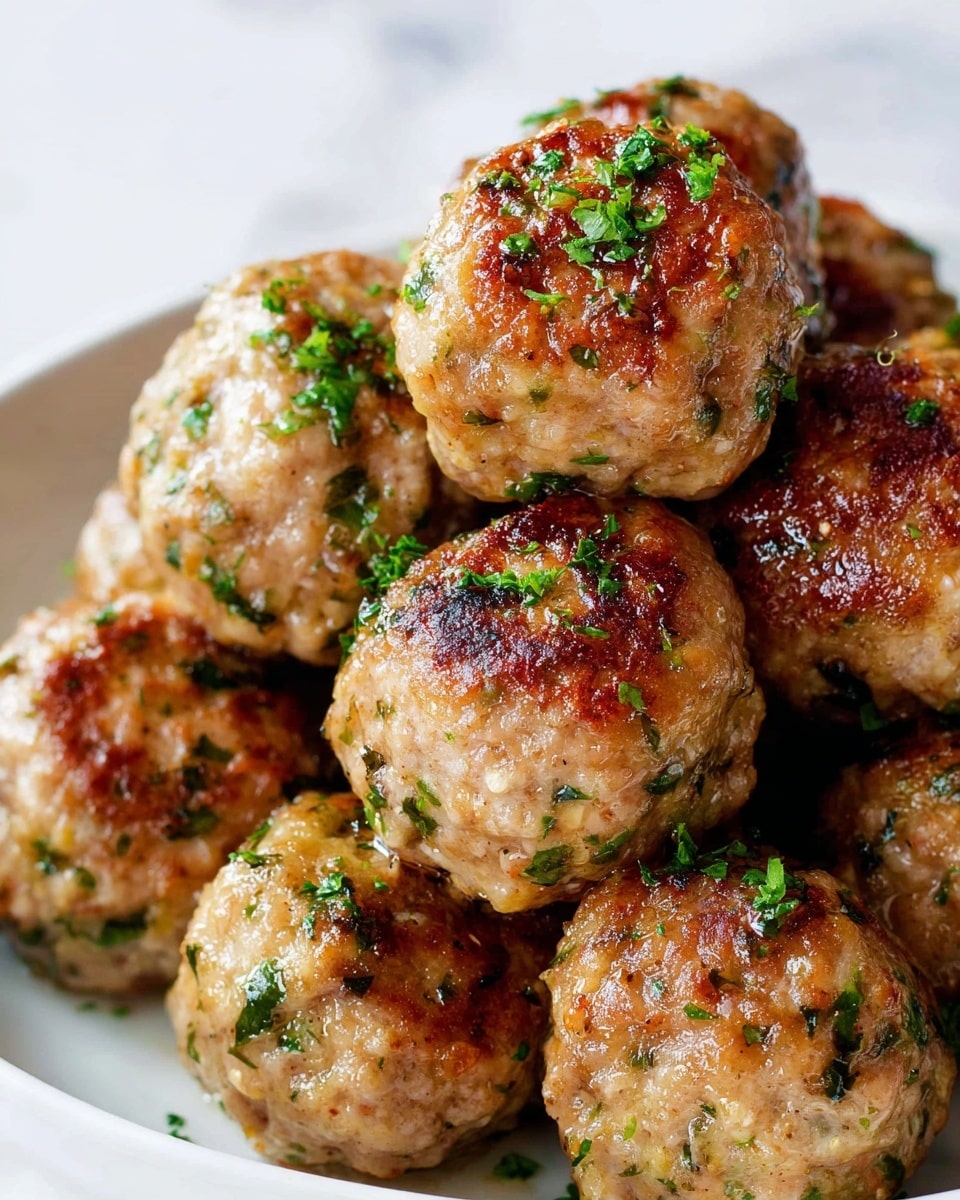 A close-up view of a stack of golden-brown meatballs on a white plate, each meatball round and textured with visible small bits of green herbs mixed inside and sprinkled on top. The surface of the meatballs is slightly shiny with a light glaze of oil, showing crisp browned spots and a moist look. The herbs sprinkled are bright green, creating a fresh contrast with the warm brown and beige tones of the meatballs. The white plate rests on a white marbled texture, adding a clean and simple background to highlight the food. photo taken with an iphone --ar 4:5 --v 7