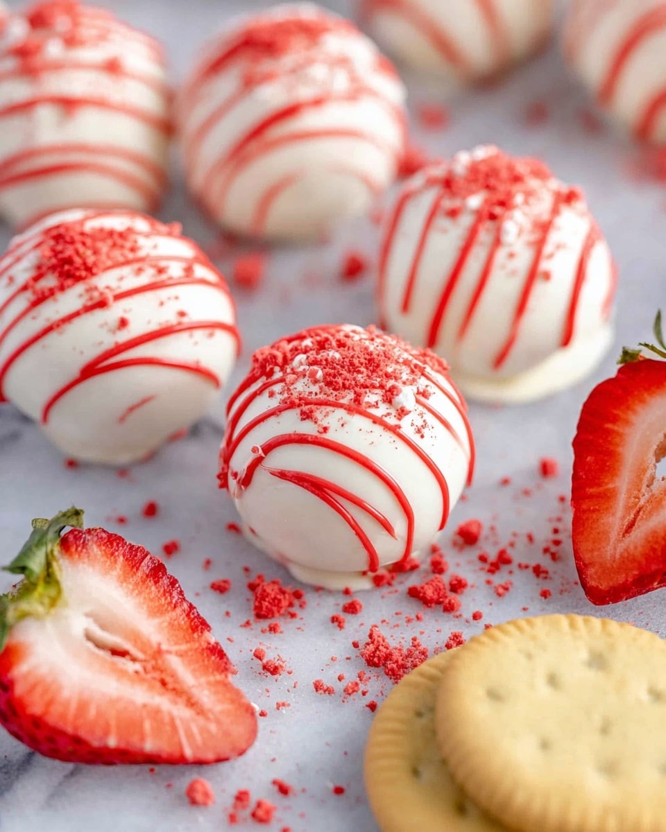 The image shows several round white balls coated smoothly and evenly, each decorated with thin red drizzle lines across the tops. The balls look soft and creamy, with some small red crumbs sprinkled on some of them. Around the balls are sliced strawberries showing their bright red interior and a single pale sandwich cookie. The treats are placed on a flat surface with a clean white marbled texture. photo taken with an iphone --ar 4:5 --v 7