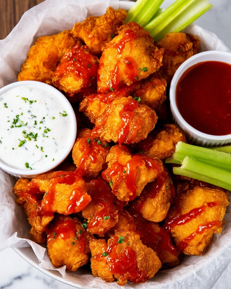 The image shows a basket lined with white paper filled with several golden-brown crispy chicken nuggets drizzled with bright red hot sauce. On the right side inside the basket are two white bowls, one filled with white ranch dipping sauce sprinkled with green herbs and the other with red hot sauce. Next to the bowls, there are three light green crunchy celery sticks. The basket is placed on a white marbled texture surface. photo taken with an iphone --ar 4:5 --v 7