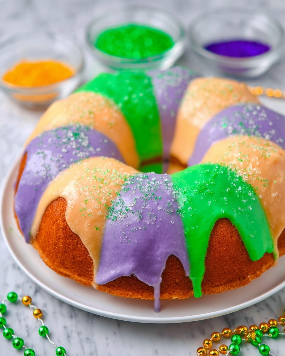 A round cake shaped like a ring is placed on a white plate, divided into six sections, each covered with smooth icing in bright colors of purple, green, and light orange arranged alternately. The icing is thick and glossy, dripping slightly over the edges of the golden-brown cake. Each colored section is sprinkled generously with matching colored sugar crystals or tiny star-shaped sprinkles, adding texture and sparkle. In the background, small clear bowls hold extra colored sugar, and a few strands of green and orange beads lie casually on a white marbled surface. photo taken with an iphone --ar 4:5 --v 7