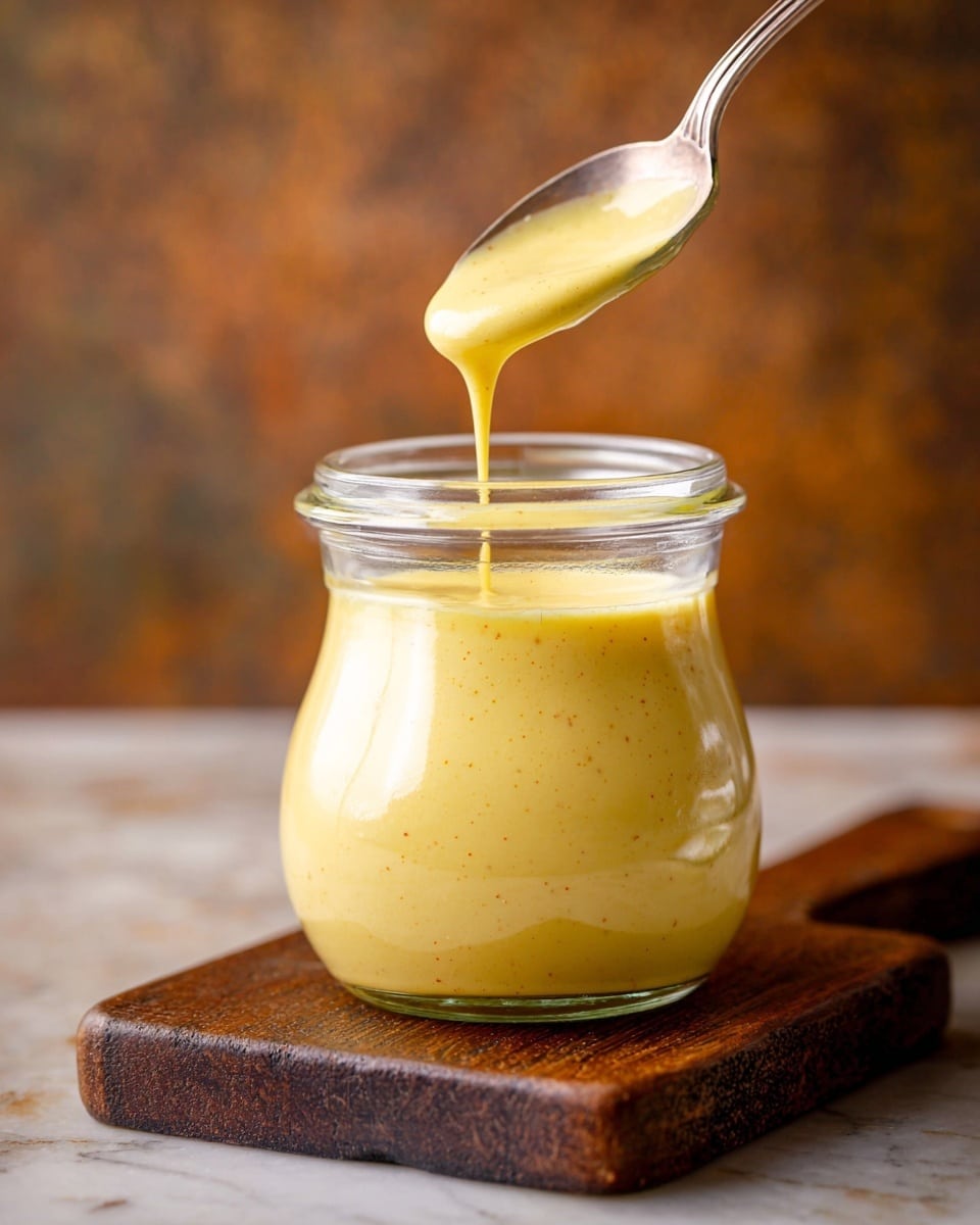 A clear small jar filled with thick, smooth yellow sauce with tiny red specks, sitting on a dark wooden cutting board on a white marbled surface. Above the jar, a silver spoon holds some of the same sauce, dripping gently back into the jar. The background is blurred with warm brown tones. photo taken with an iphone --ar 4:5 --v 7