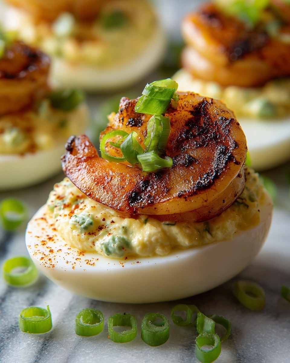 The image shows a close-up of a deviled egg half with three distinct layers: the bottom layer is a smooth, glossy white egg white base; the middle layer is creamy, pale yellow deviled egg filling with bits of green jalapeño slices mixed in; the top layer is a large, browned, grilled shrimp with visible grill marks and a sprinkling of reddish paprika powder on the filling and egg white, garnished with fresh green sliced scallions on top and around. The eggs are placed on a wooden surface, but the background is changed to a white marbled texture. Photo taken with an iphone --ar 4:5 --v 7