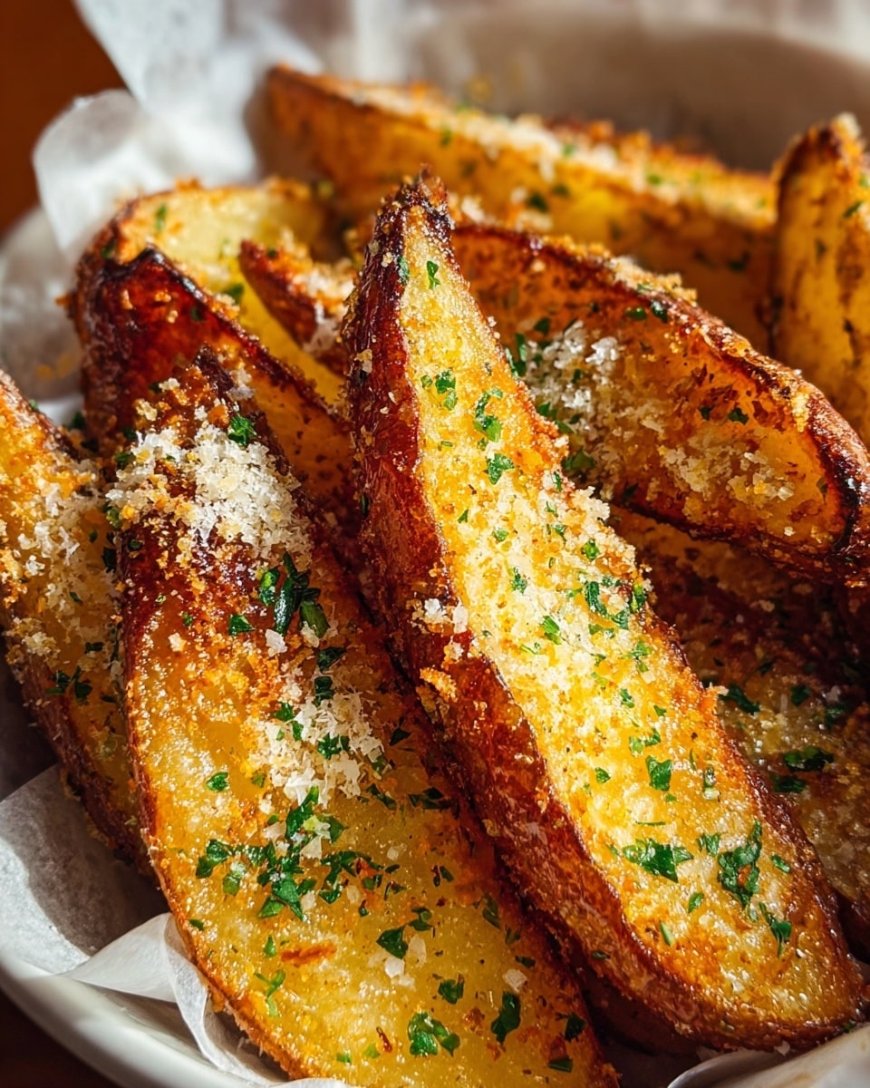 A close-up image of several golden brown potato wedges with a crispy texture on the outside and soft inside, arranged in a white bowl lined with parchment paper. The wedges are coated with a layer of finely grated cheese and speckled with small green herb bits, likely parsley, creating a colorful contrast against the warm yellow and brown tones of the potato skin and flesh. The crispy edges are darkened slightly, showing a perfect cook. photo taken with an iphone --ar 4:5 --v 7