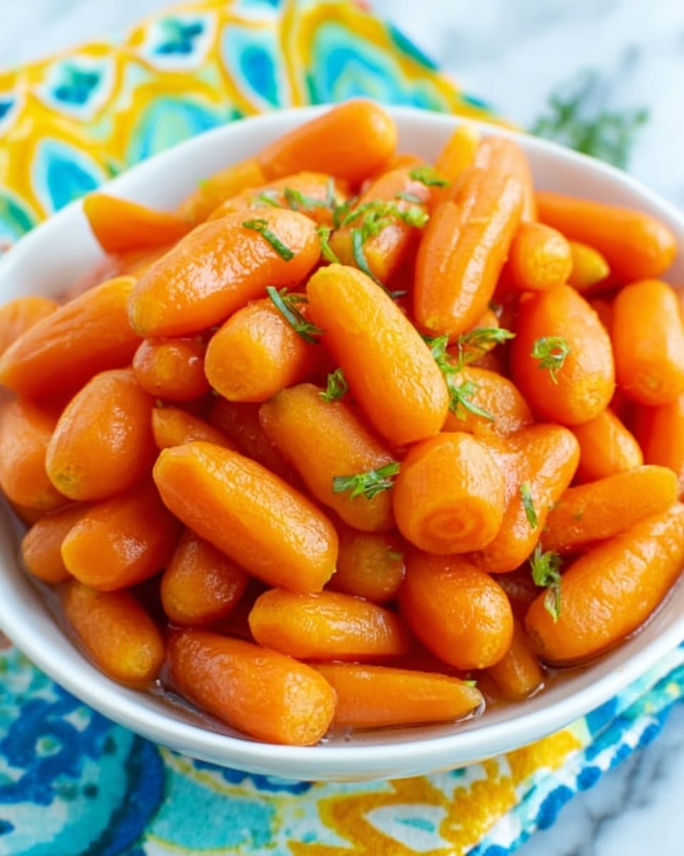 The image shows a white bowl filled with cooked baby carrots, arranged in a simple pile. The carrots are bright orange with a shiny, slightly glazed look, and small green herb pieces are sprinkled lightly on top. The bowl sits on a white marbled surface with a soft focus background that hints at a colorful patterned cloth. A woman's fingers are holding the edge of the bowl on the left side. Photo taken with an iphone --ar 4:5 --v 7