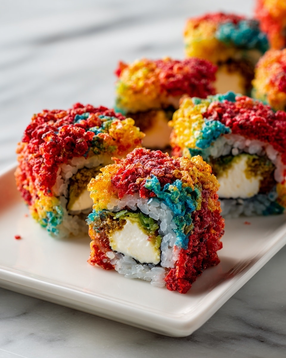 The image shows a close-up of sushi rolls lined up on a white rectangular plate, placed on a white marbled surface. Each sushi roll has a white outer layer of rice covered with colorful crunchy bits in red, blue, yellow, and orange. Inside, there are layers of green cucumber, light brown crunchy texture, and white crab meat or cream cheese. The sushi rolls look fresh and vibrant with a mix of smooth rice and crunchy topping. Photo taken with an iphone --ar 4:5 --v 7