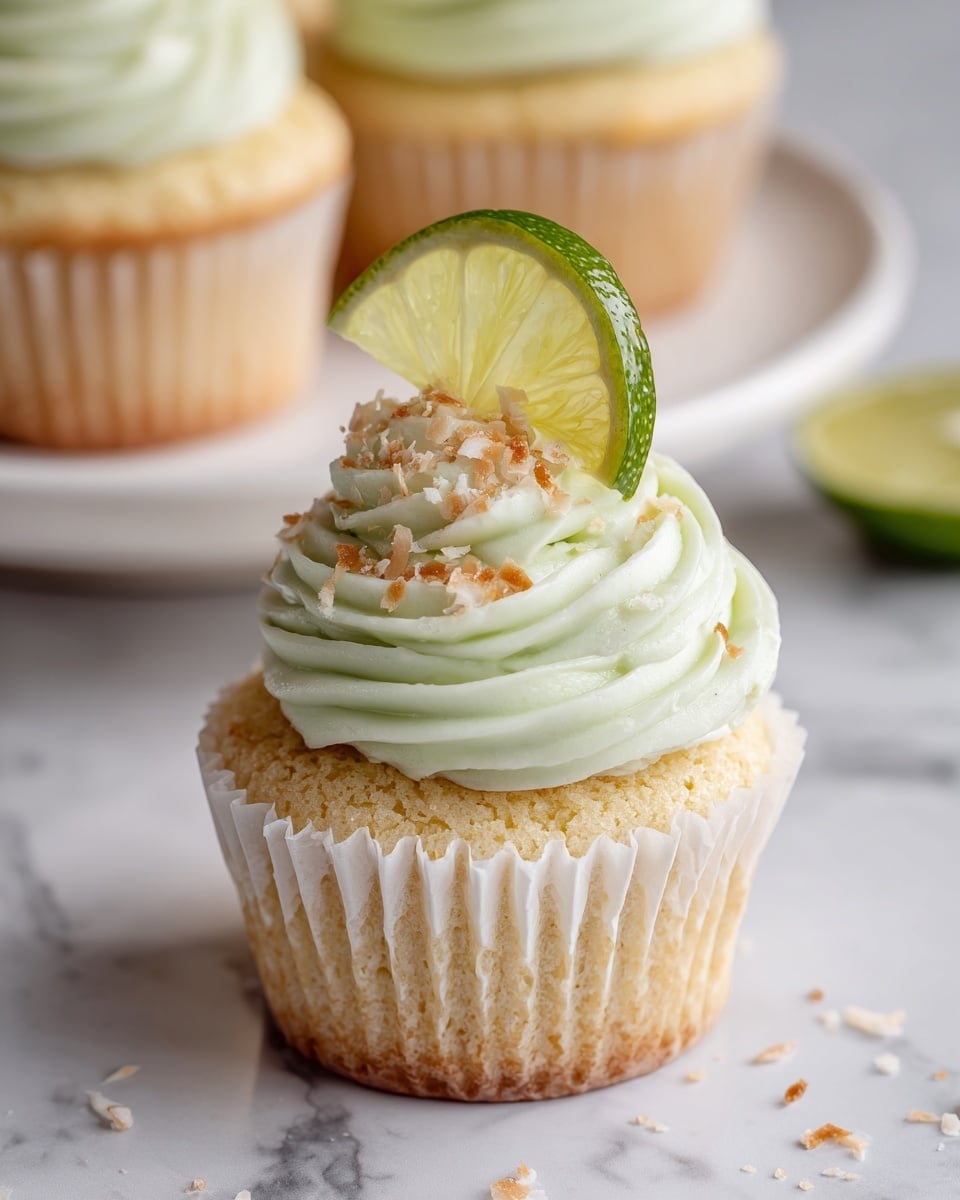 A single vanilla cupcake with a soft yellow base topped with a thick swirl of light green frosting that has a smooth, creamy texture. The frosting is garnished with small toasted coconut flakes scattered over the top and a thin slice of lime with a bright green rind placed upright at the center. The cupcake sits on a white marbled surface with a slightly blurred white plate holding more cupcakes in the background, creating a fresh, inviting look. Photo taken with an iphone --ar 4:5 --v 7