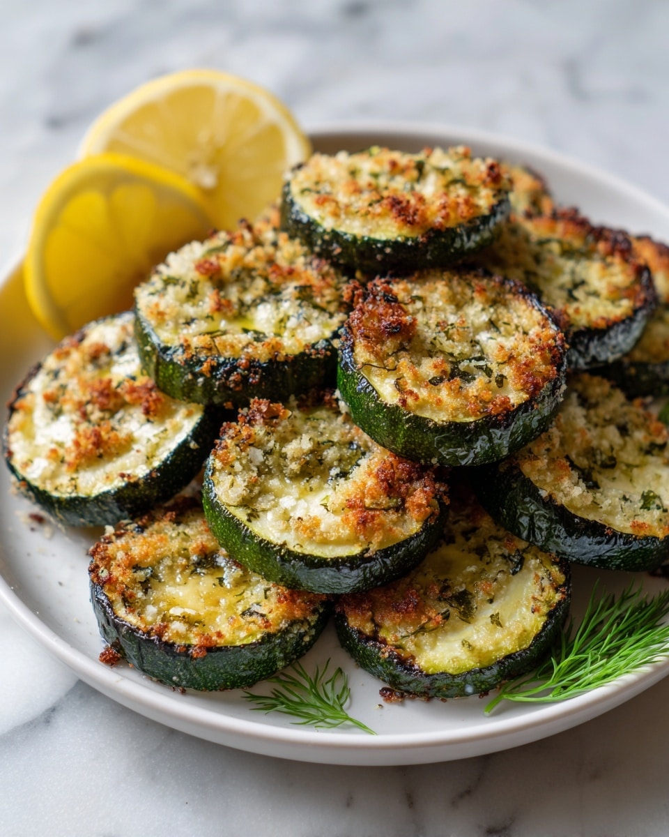 A white plate holds ten round baked zucchini slices arranged closely in two overlapping layers, each slice showing a golden-brown crust with green herbs and a soft, creamy texture inside the dark green edges. A bright yellow half lemon sits at the top left of the plate, and a small sprig of fresh green dill rests near the bottom left. The whole scene is set on a white marbled surface. Photo taken with an iphone --ar 4:5 --v 7