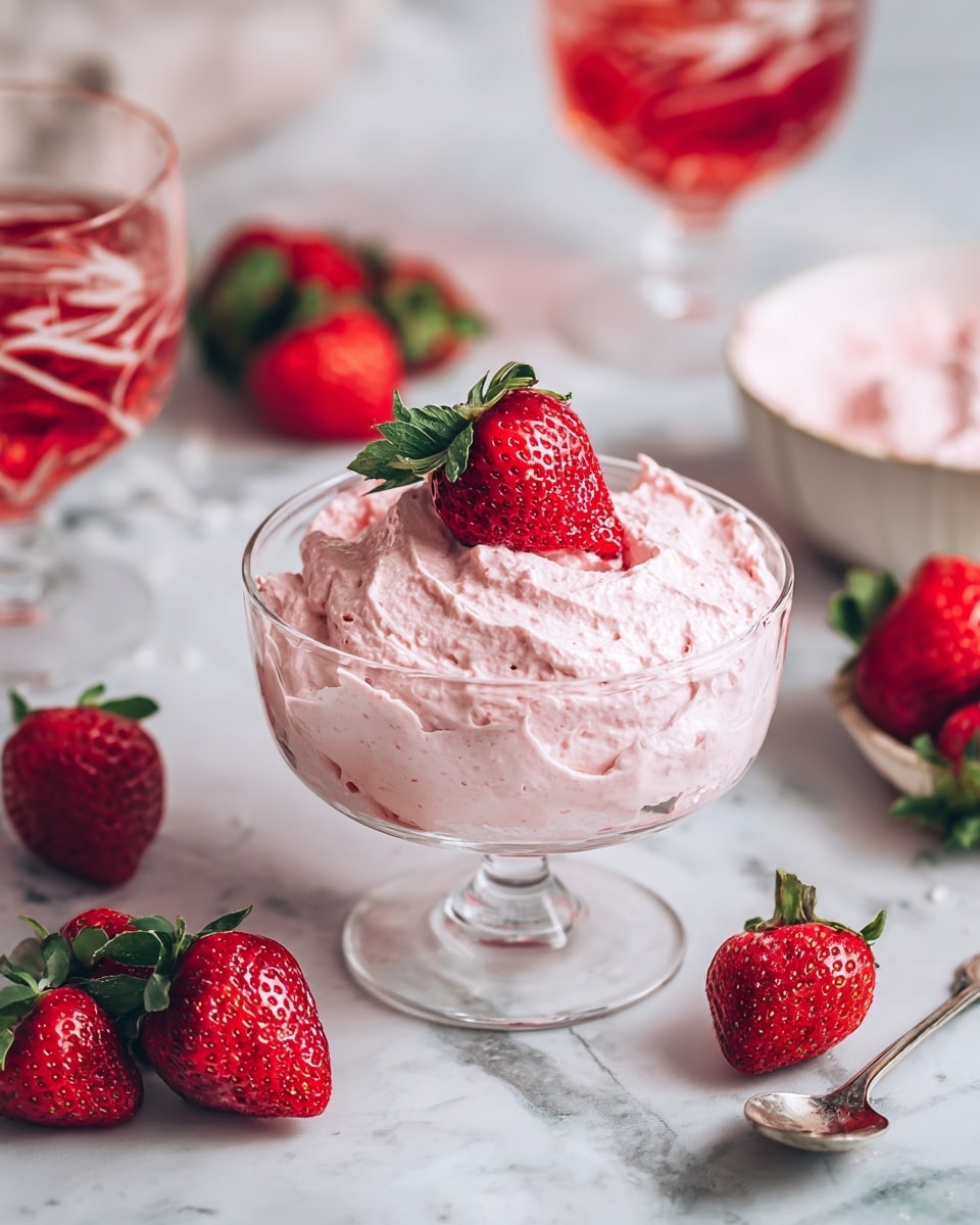 A clear glass bowl holds a large mound of light pink fluffy whipped cream with soft, smooth swirls and peaks. On top of the whipped cream, a fresh whole red strawberry with a bright green leafy cap rests as a garnish. Around the bowl, several whole fresh strawberries with green leaves are scattered on a white marbled surface. In the background, there is a white cup with red swirled patterns, slightly blurred. Photo taken with an iphone --ar 4:5 --v 7