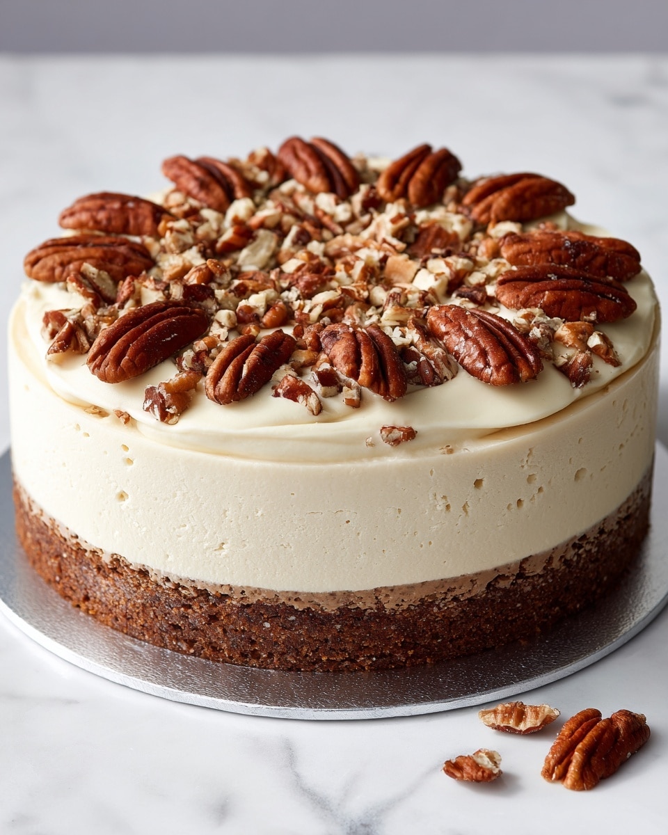 A round cake with three layers sits on a silver base on a white marbled surface. The bottom layer is a dark brown dense cake, the middle layer is a lighter tan cake, and the top layer is a smooth, creamy white frosting. On top of the frosting, there are whole and chopped pecans scattered evenly across the surface, adding texture and a rich brown color contrast. The frosting has soft, gentle ridges around the edge, giving a slightly swirled look. Photo taken with an iphone --ar 4:5 --v 7