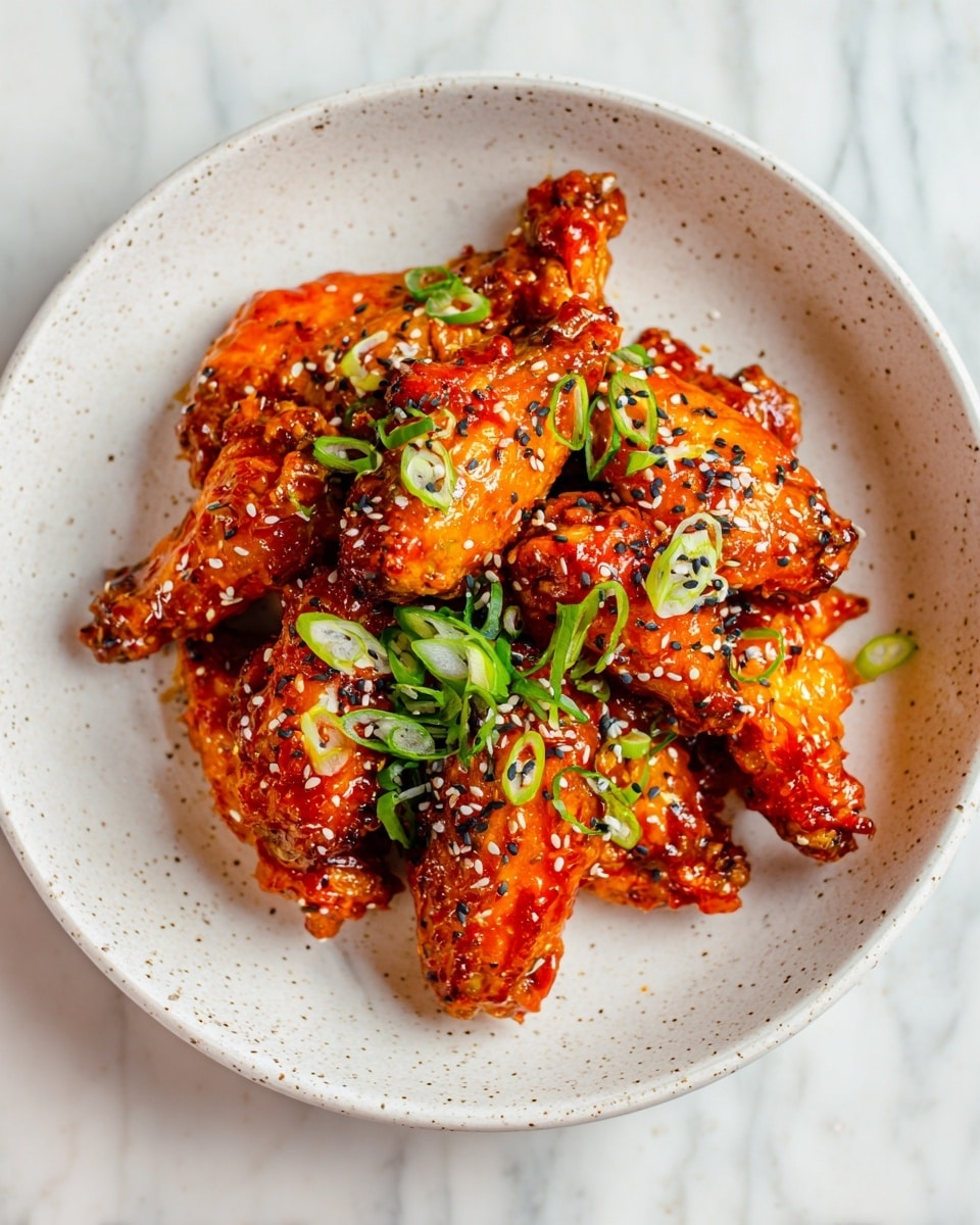 A plate with about 15 glazed chicken wings arranged in a slightly overlapping pile, each wing covered with a shiny, thick reddish-brown sauce. The wings have a slightly charred texture, giving some edges a darker tone. Scattered evenly over the wings are white and black sesame seeds, and fresh green sliced scallions are sprinkled on top and around the wings, adding bright color contrast. The wings sit on a white plate with a subtle speckled pattern, which rests on a white marbled surface. photo taken with an iphone --ar 4:5 --v 7