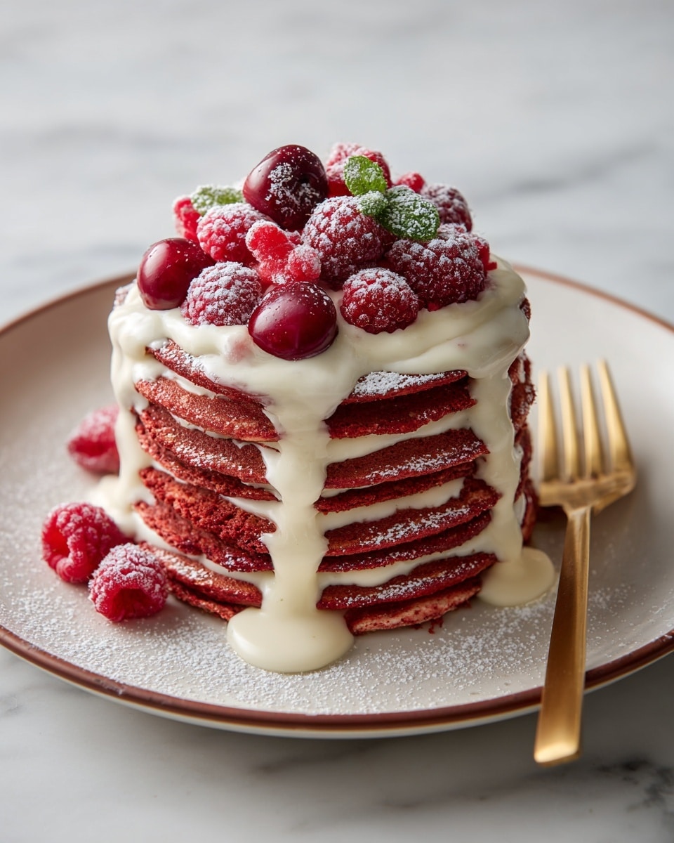 A stack of six thick red pancakes sits on a white plate with a dusting of powdered sugar scattered around and on top. Between each pancake is a thin layer of white cream, with the top pancake covered in a generous layer of white cream sauce that drips down the sides. Bright red raspberries and cherries with stems are placed on top of the cream, some dusted lightly with powdered sugar. A gold fork rests on the right side of the plate, and a few raspberries lie on the white marbled surface around the plate. The background is dark, making the colors of the stack stand out vividly. Photo taken with an iphone --ar 4:5 --v 7