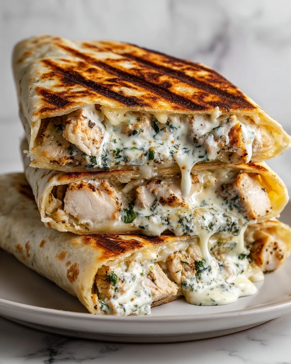 Two folded tortillas with a golden-brown toasted surface sit on a white plate on a white marbled background. The tortillas are filled with three layers: the outer layer is a soft, lightly toasted tortilla; inside, chunks of well-seasoned grilled chicken with a slightly charred, reddish-brown texture; and oozing out from the center is a creamy white melted cheese sauce dotted with chopped green herbs. The filling looks rich and moist, with cheese slowly dripping over the chicken. photo taken with an iphone --ar 4:5 --v 7