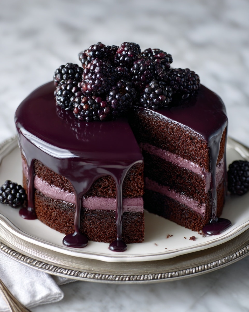 The image shows a two-layer dark chocolate cake with a glossy deep purple glaze covering the entire cake and dripping slightly on the sides. Between the two layers is a thick rich purple filling that looks smooth and creamy. On top, the cake is decorated with a cluster of fresh blackberries and some dark purple berries, adding texture and color contrast. The cake sits on a white plate with detailed edges, placed on a white marbled textured surface, with some crumbs and glaze spots near the front. photo taken with an iphone --ar 4:5 --v 7