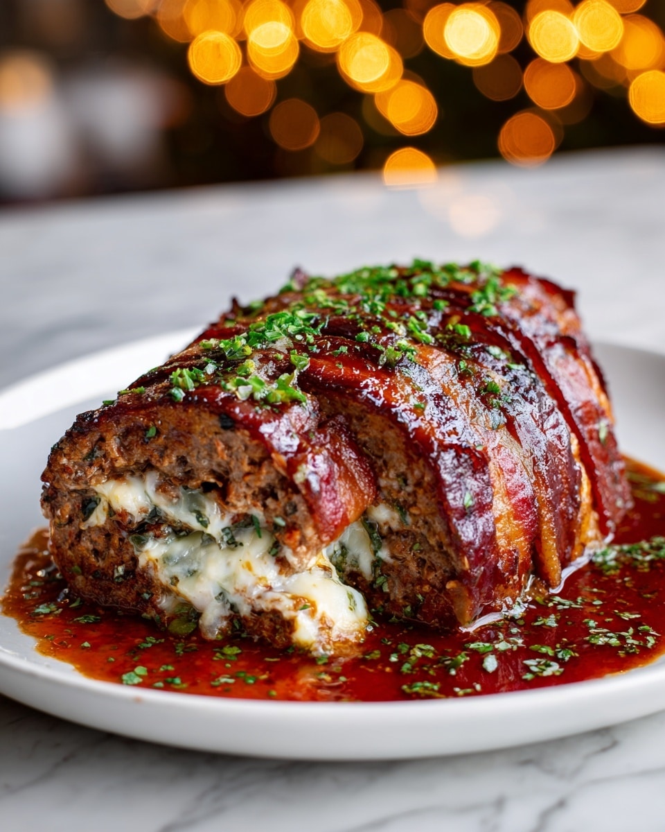 A rich, layered bacon-wrapped meatloaf sits on a white plate with a textured gray center, resting on a white marbled surface. The meatloaf is wrapped in several shiny, crispy bacon strips, tightly layered around the outside, showing reddish-brown and orange hues with a glossy finish. Inside, the ground meat layer is cooked to a golden-brown color with bits of herbs and spices mixed in. The center reveals melted creamy white cheese, oozing outward into a thick, glossy sauce with a dark orange-brown color. The entire dish is garnished with small, fresh green herb pieces scattered on top and around the sauce. Photo taken with an iphone --ar 4:5 --v 7