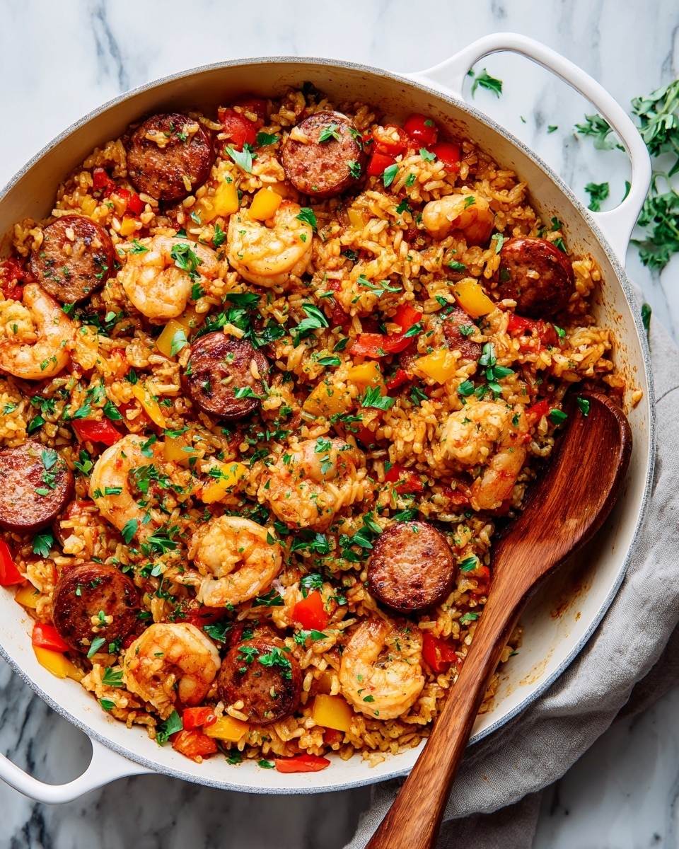 A white skillet filled with a colorful mix of rice, sliced sausage, shrimp, and small pieces of red and yellow bell peppers, all cooked together. The rice is golden and slightly moist, mixing well with the browned sausage rounds and pink shrimp scattered throughout. Small green herbs are sprinkled on top for color. The skillet sits on a white marbled surface, with a woman's hand holding a wooden spoon stirring the dish, and a red cloth partially under the skillet. Photo taken with an iphone --ar 4:5 --v 7