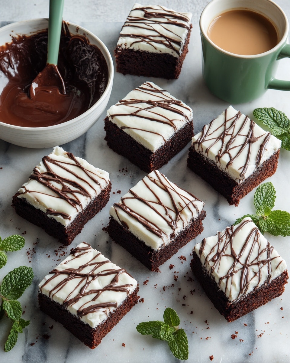 The image shows several square chocolate brownies arranged on a white marbled surface, each with two layers: a thick dark brown cake base and a smooth white cream topping. The white topping is decorated with thin, irregular dark chocolate drizzles crossing over each square. Some brownies are cut into halves, showing the clear separation between the dark cake and white frosting. To the left, there is a white bowl with melted dark chocolate and a green spoon resting inside it, as well as a green cup filled with a light brown drink. A few fresh green mint leaves are placed next to the brownies. Photo taken with an iphone --ar 4:5 --v 7