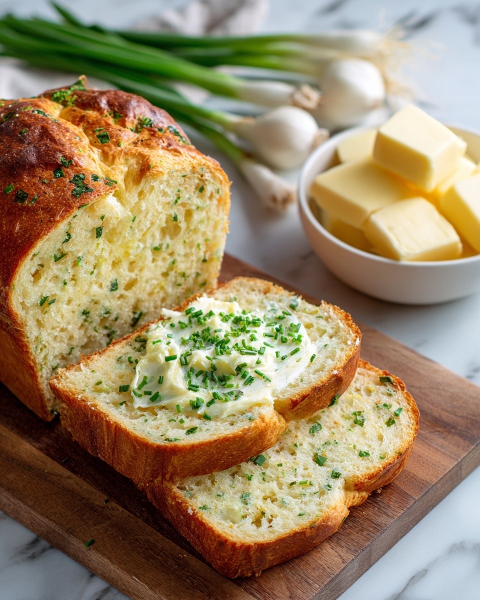 A loaf of herb bread is shown sliced on a wooden board, with three slices visible in the front. The bread has a golden-brown crust with a rough texture, and the inside is light yellow with green herb bits spread throughout. Two slices are spread with butter that is slightly melting, sprinkled with chopped chives. A small white bowl with butter cubes and some green stalks are blurred in the background, all set on a white marbled surface. photo taken with an iphone --ar 4:5 --v 7
