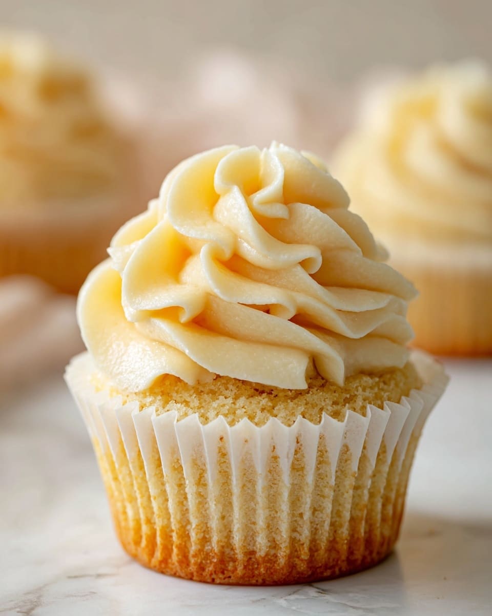 The image shows a close-up of a single cupcake with three main layers. The bottom layer is the light golden-brown cake, wrapped in a plain white paper liner with vertical ridges. The top layer is a thick swirl of creamy, pale yellow frosting, with smooth and slightly glossy texture, piped high in soft, rounded peaks. The background is a soft, out-of-focus white marbled surface that adds a clean and simple look. Photo taken with an iphone --ar 4:5 --v 7