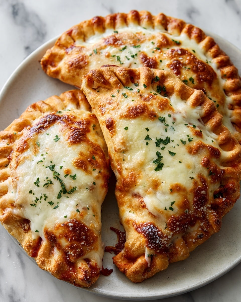 Three pieces of baked calzone are placed on a round white plate lined with parchment paper, set on a white marbled surface. Each calzone has a golden-brown crust with crimped edges, and the top is covered with a bubbly layer of melted cheese, slightly browned in spots, sprinkled lightly with dried green herbs. The calzones are arranged close together, showing the crisp texture of the crust and the creamy, melted cheese layer on top. photo taken with an iphone --ar 4:5 --v 7